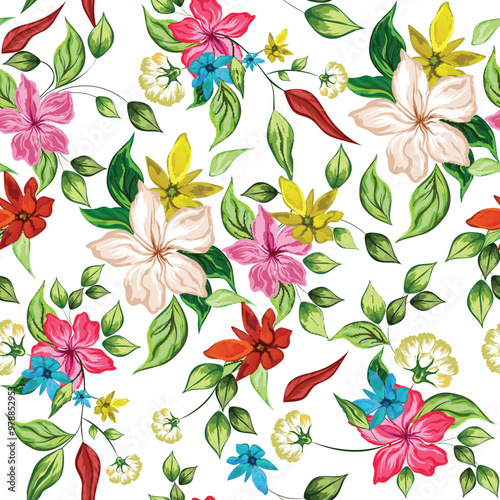 Green seamless background with colorful flowers made by watercolor.