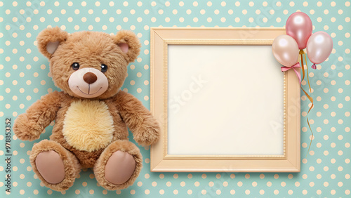 Birthday card template with cute teddy bear holding a frame, birthday, card, template, engagement, greeting, teddy bear