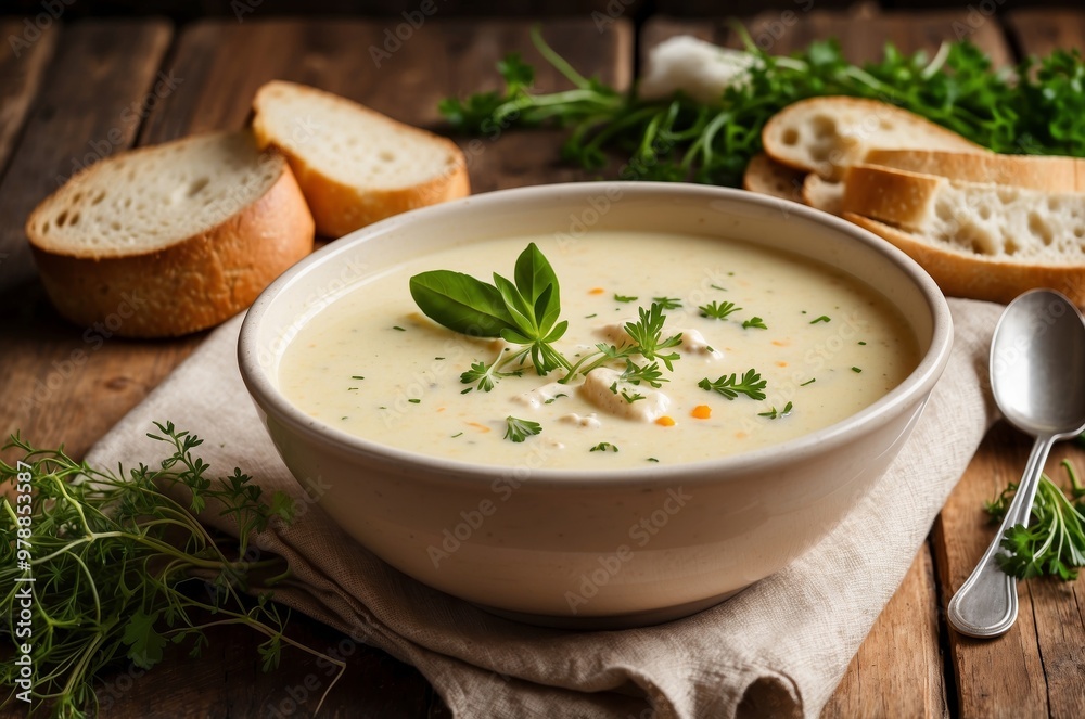 Creamy Chicken Soup with Fresh Herbs and Bread Creamy Chicken Soup with Fresh Herbs and Bread