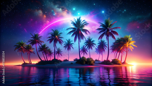 Vibrant neon island landscape with glowing palm trees and sparkling ocean at night, neon, island, landscape, vibrant