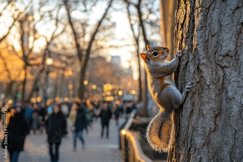 Squirrel Clinging to a Tree in a Bustling City Park photo