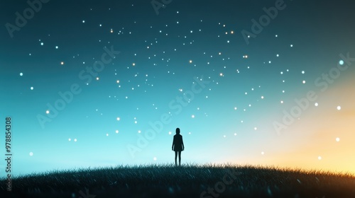 A lone, surreal figure stands silhouetted against a backdrop of starlight, shrouded in mystery, its presence a beacon of hope in the vastness of the universe.