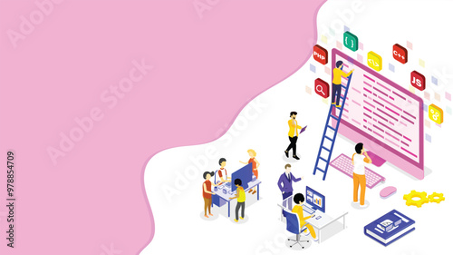 Workspace of web developer, miniature people fixing the problem with different programming languages signs for Teamwork or Web Development concept based isometric design.