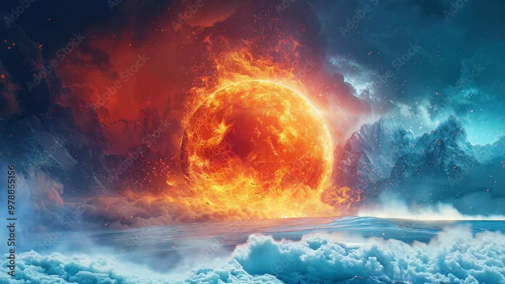 A surreal landscape showcases a colossal, fiery sun setting behind jagged, icy mountains. Vibrant oranges and reds contrast with cool blues, evoking cosmic phenomena and otherworldly beauty. A surreal landscape showcases a colossal, fiery sun setting behind jagged, icy mountains. Vibrant oranges and reds contrast with cool blues, evoking cosmic phenomena and otherworldly beauty.