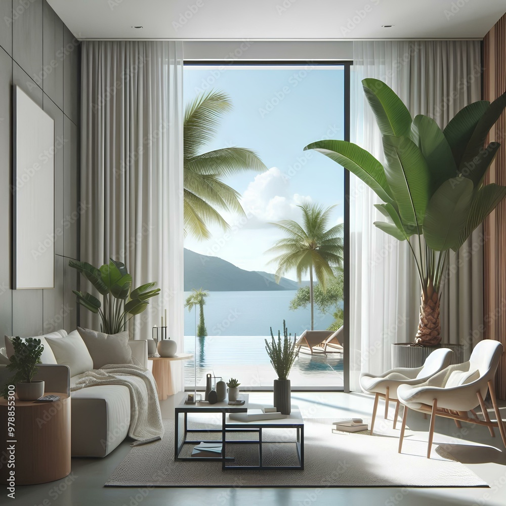 Obraz premium modern minimalist living room with tropical view.