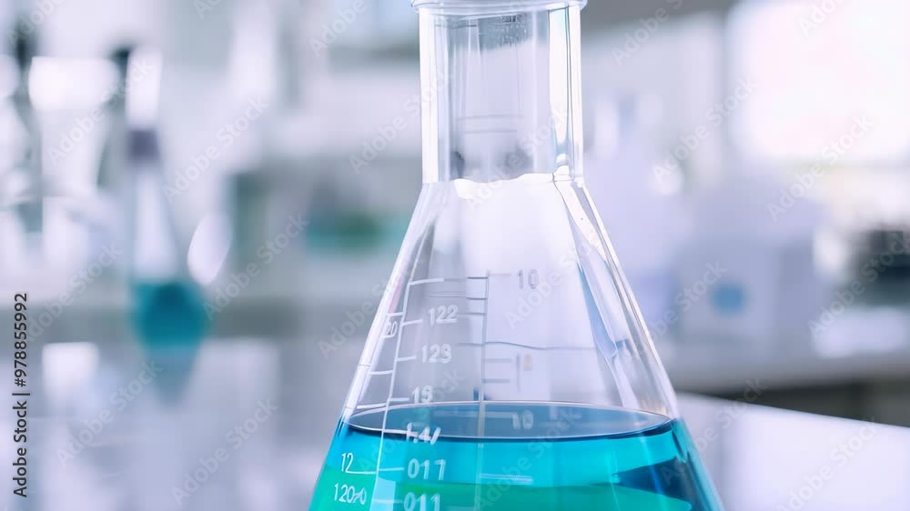 A close-up of a clear glass flask filled with vibrant blue liquid against a softly blurred modern lab backdrop, showcasing precision and innovation in scientific research.