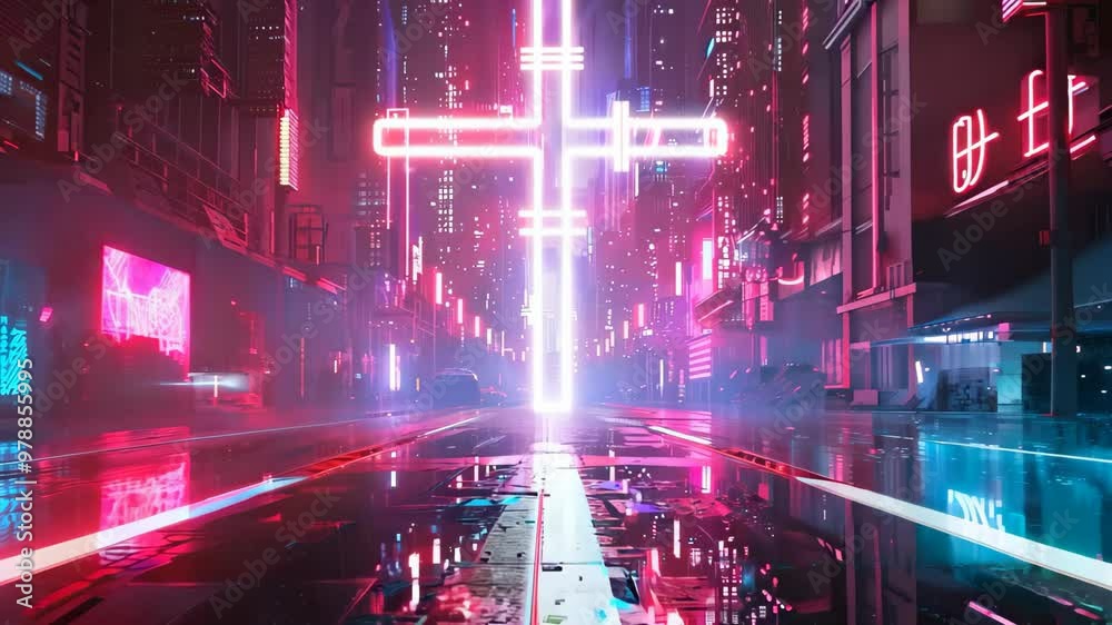 Immerse in a vibrant, futuristic urban scene featuring a neon-lit alleyway with glowing signs and a towering cross symbol. Immerse in a vibrant, futuristic urban scene featuring a neon-lit alleyway with glowing signs and a towering cross symbol.
