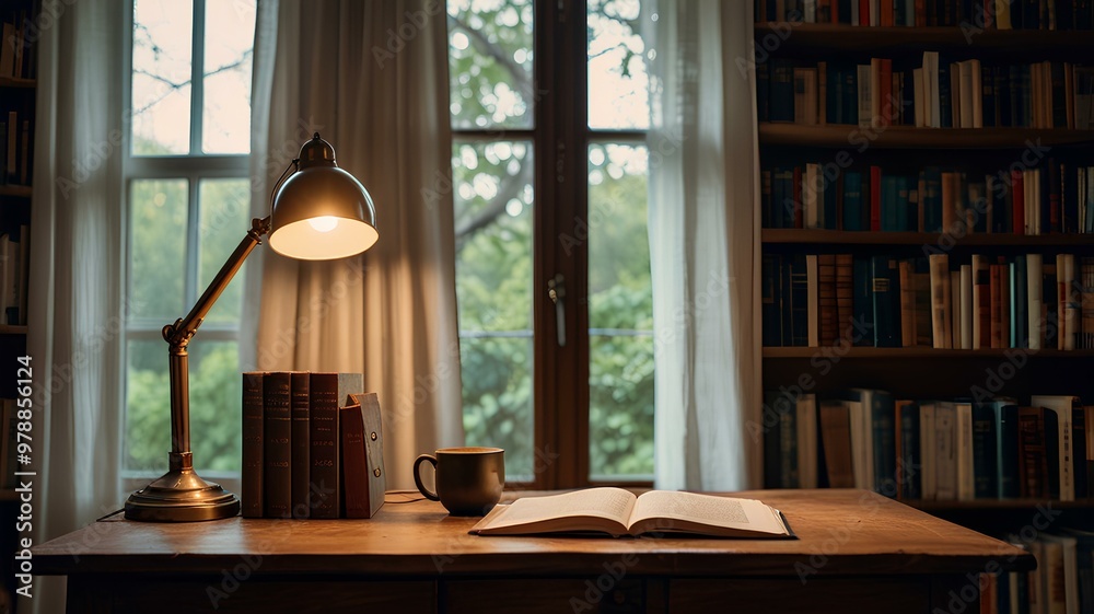 Home library workplace with wooden table, books and desk lamp near window background. Home library workplace with wooden table, books and desk lamp near window background.