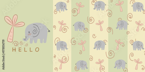 Baby pattern, cute elephant, baby shower greeting card, seamless animal pattern background, cute vector texture for baby bedding, fabric, wallpaper, wrapping paper, textile, t-shirt printing.