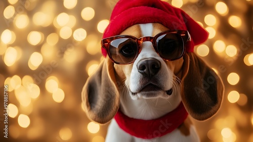 Cheerful Beagle Dog Wearing Festive Glasses Celebrating Christmas Holidays on Golden Background photo