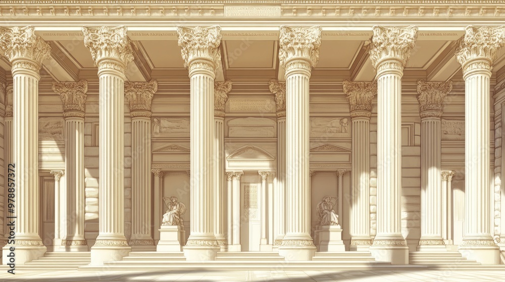 Naklejka premium An elegant architectural illustration of a classical building, showcasing grand columns and intricate stonework in a traditional design.