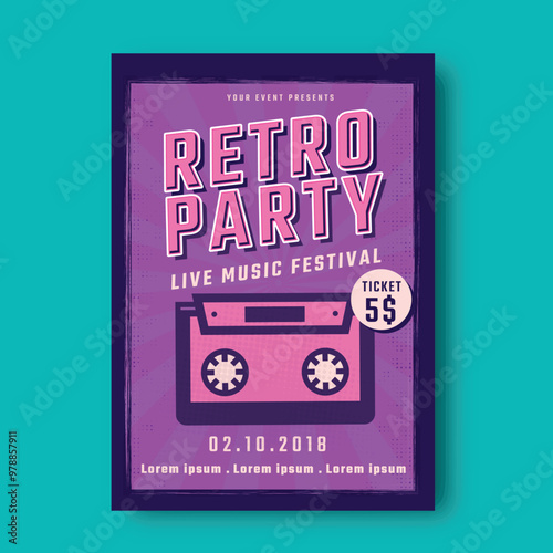 Retro Music Party Poster Design. Night Club or Disco Advertisement Promotional Banner Design.
