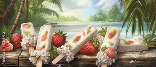 Delicious fruit popsicles on a tropical background, perfect for refreshing summer treats and vibrant dessert ideas. photo