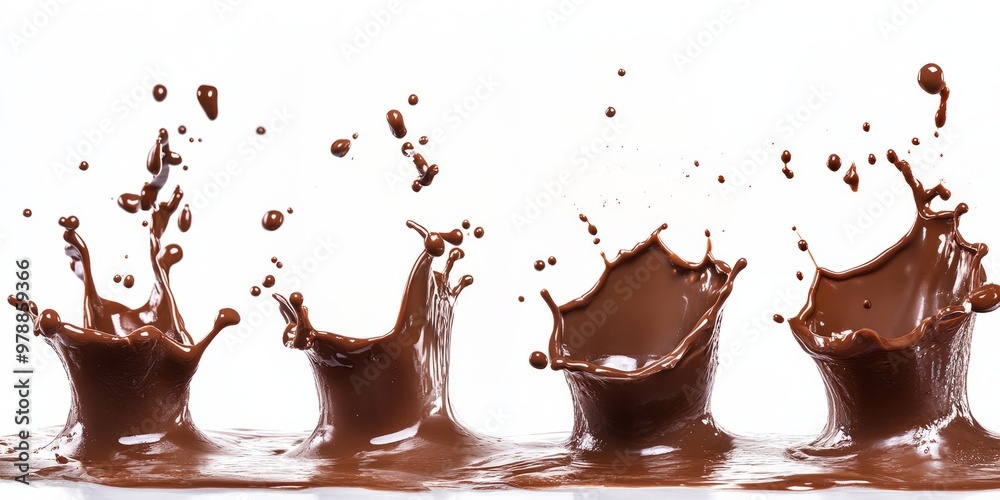 Splashing Delight: Chocolate Splashes in Motion on White Background Splashing Delight: Chocolate Splashes in Motion on White Background