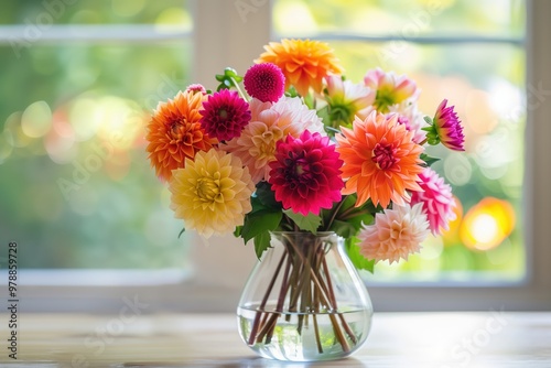 Vibrant dahlia flowers arranged in glass vase, sitting on windowsill, bright sunlight in background, floral home decor concept