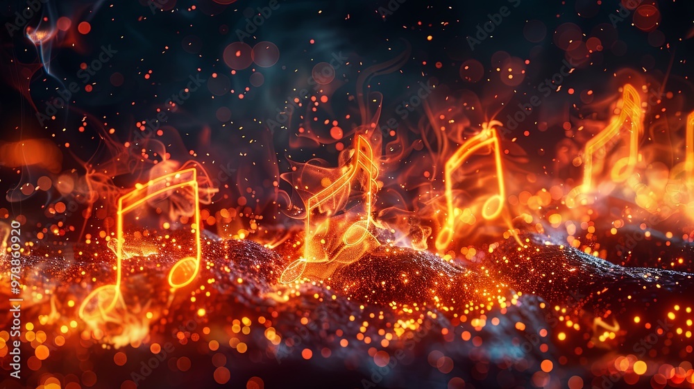 Energetic scene with fiery musical notes emanating from a dark, ember-filled background, symbolizing a powerful expression of music and passion in a vibrant, abstract style. Energetic scene with fiery musical notes emanating from a dark, ember-filled background, symbolizing a powerful expression of music and passion in a vibrant, abstract style.