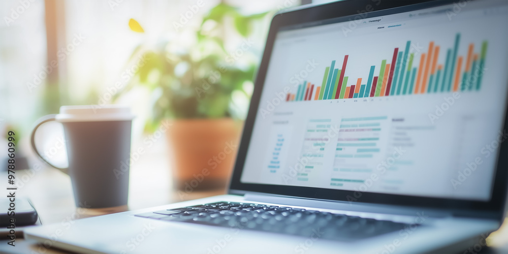 Laptop displaying colorful charts, representing analytics, data insights, and digital marketing strategies in a modern workspace setup. Laptop displaying colorful charts, representing analytics, data insights, and digital marketing strategies in a modern workspace setup.