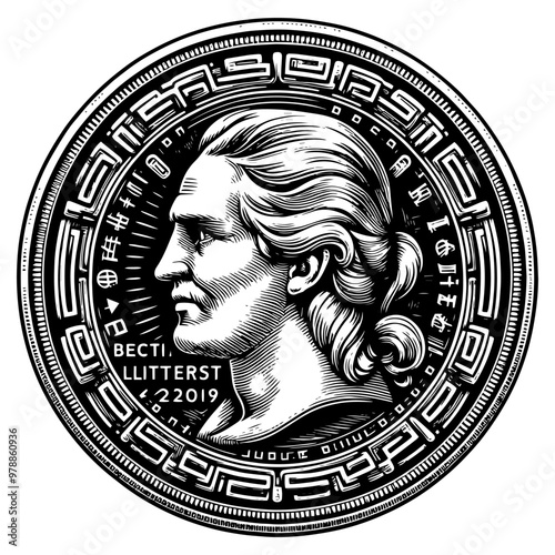 Detailed engraving of a classic coin with a profile portrait. Vector, generative ai.