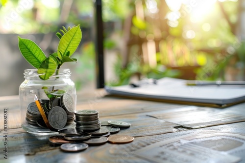 Coins in a glass jar with a plant growing out. Savings and financial growth concept.