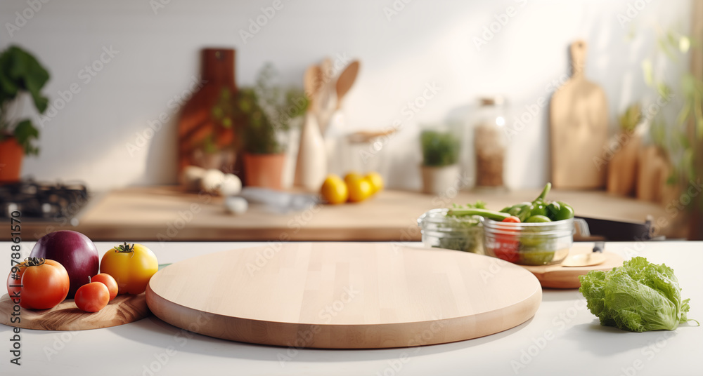 Kitchen table with a wooden round empty cutting board, vegetables, blurred kitchen in the background. Round podium, presentation, advertising, mockup for products and goods. Kitchen table with a wooden round empty cutting board, vegetables, blurred kitchen in the background. Round podium, presentation, advertising, mockup for products and goods.