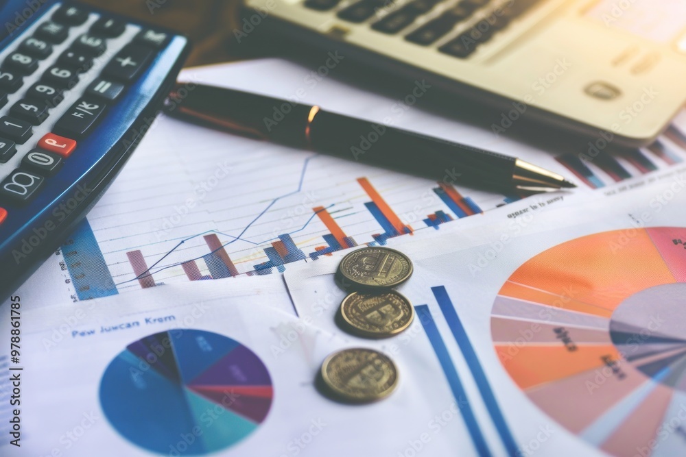 Financial charts and coins on a desk with calculator and pen. Business and investment concept. Financial charts and coins on a desk with calculator and pen. Business and investment concept.