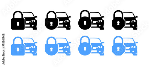 Car door locked set icons. Flat and silhouette style. Vector icons.