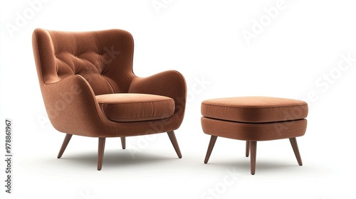 Elegant armchair with a small chair for leg support, in a solid color and isolated on a white background, ideal for modern home decor inspiration