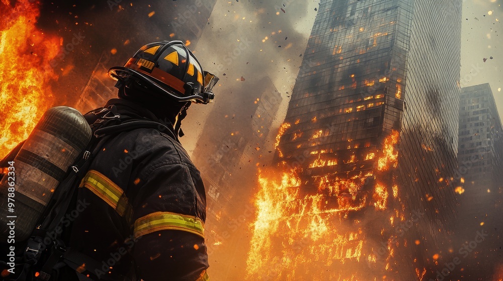 Firefighter in full gear gazing at a skyscraper ablaze, flames bursting from windows, capturing the chaos and challenge of battling urban fires. Firefighter in full gear gazing at a skyscraper ablaze, flames bursting from windows, capturing the chaos and challenge of battling urban fires.