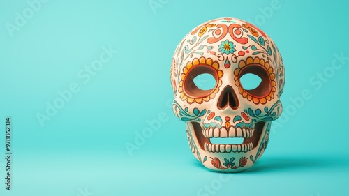 Colorful decorative skull against a vibrant turquoise background