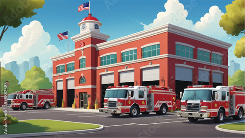 Whimsical Cartoon Fire Station with Cute Fire Trucks, Sunny Sky, and Adorable Firefighters