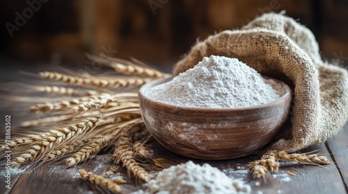 Flour in a neat bowl on a wooden table, with wheat stalks and a flour bag, creating a cozy, inviting kitchen setting perfect for baking.