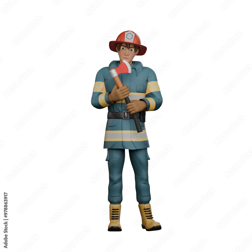 Fire Service Hero in 3D. A firefighter stands with both hands holding a fire extinguisher in front of his chest. Cartoon Firefighter Fire Service Hero in 3D. A firefighter stands with both hands holding a fire extinguisher in front of his chest. Cartoon Firefighter