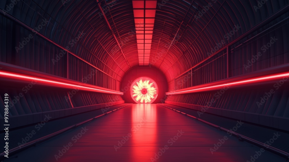 Futuristic tunnel with glowing red beams and a vibrant light at the end