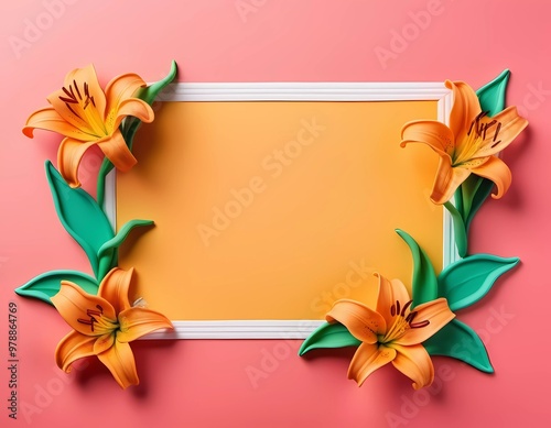 Brightly colored lilies in shades of orange frame a blank yellow area on a pink backdrop, creating a cheerful setting for creative projects or invitations. Generative AI art. Copy space greeting card. photo