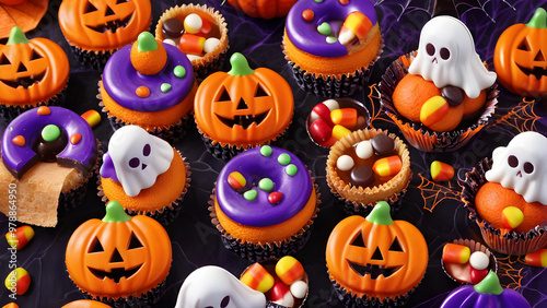 Halloween snacks concept background, Halloween day desserts, sweet dessert on Halloween, various unique snacks on Halloween, cute and unique desserts on Halloween day, ai generated