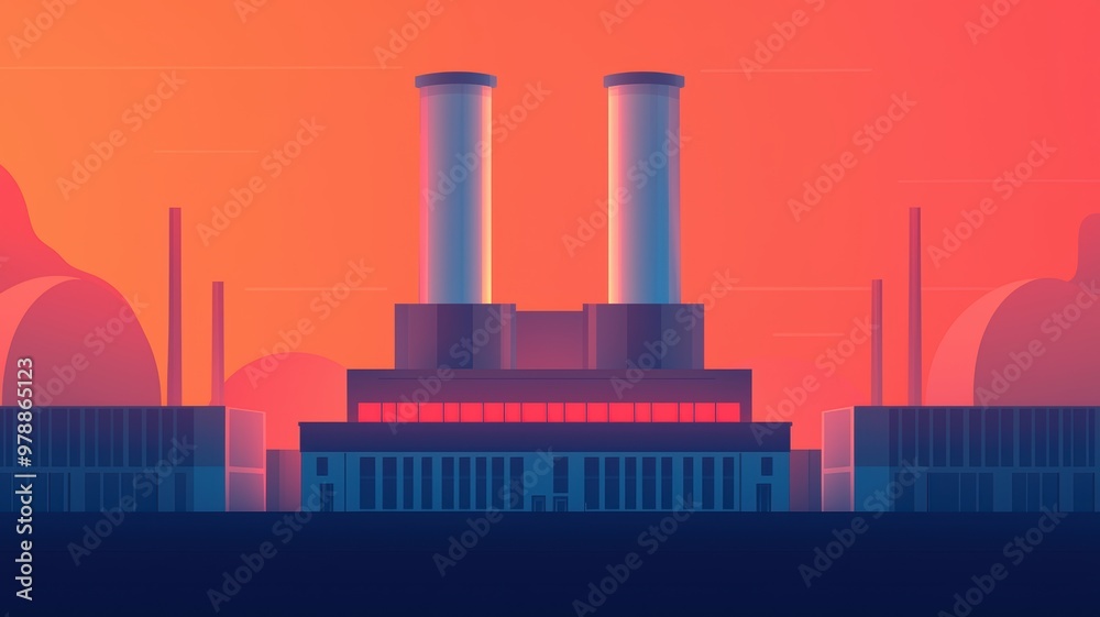 Nuclear power plant, Stylized industrial factory silhouette against a vibrant sunset Nuclear power plant, Stylized industrial factory silhouette against a vibrant sunset
