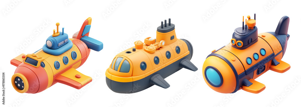 Fototapeta premium Colorful cartoon submarines set on transparent background