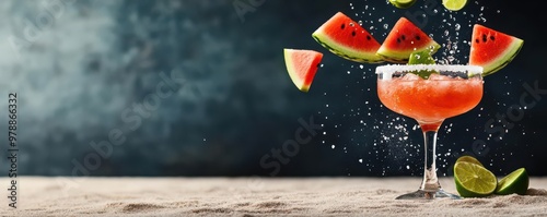 Refreshing watermelon cocktail splashes in a glass, garnished with lime slices, perfect for summer celebrations. photo