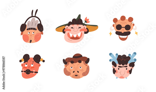 Funny characters set. Comic humor freaky avatars. Fun people faces, head portraits in quirky whimsical ugly style. Bizarre caricature strangers. Flat vector illustration isolated on white background