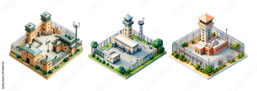 Obraz premium Isometric prison complexes: secure facilities in detailed 3d designs