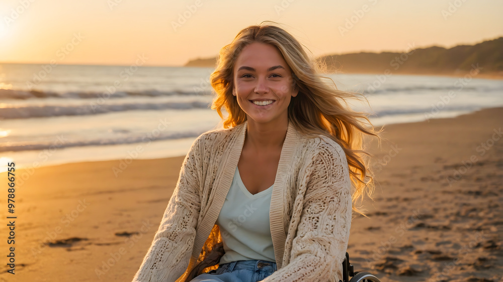 Happy disabled woman in wheelchair relaxing on beach vacation Happy disabled woman in wheelchair relaxing on beach vacation
