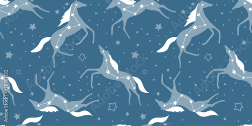 Seamless pattern with silhouettes of beautiful horses against the background of the night sky with stars and constellations. Fancy animal print. Vector graphics.