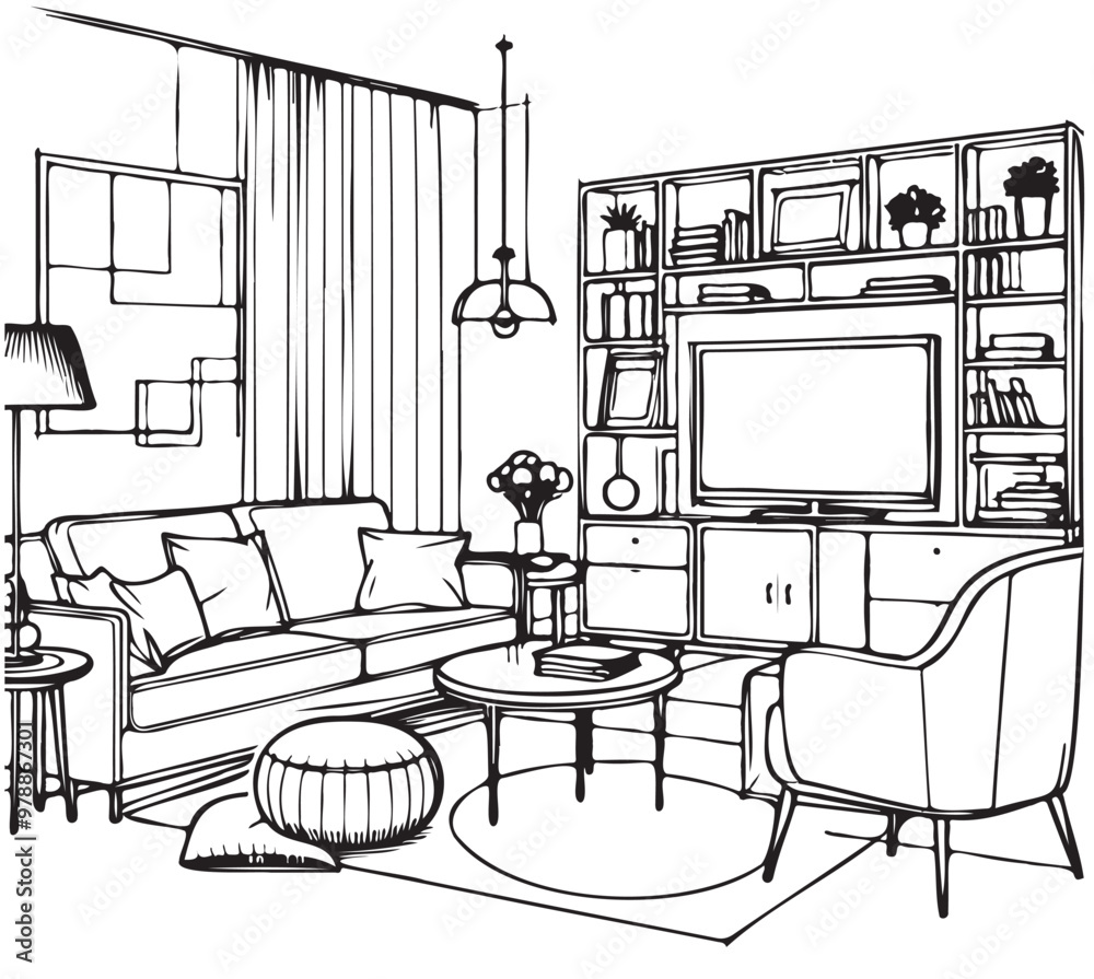 Living room interior simple hand drawn illustration. Lounge with sofa, window, paintings, houseplants, carpet and chair, sketch