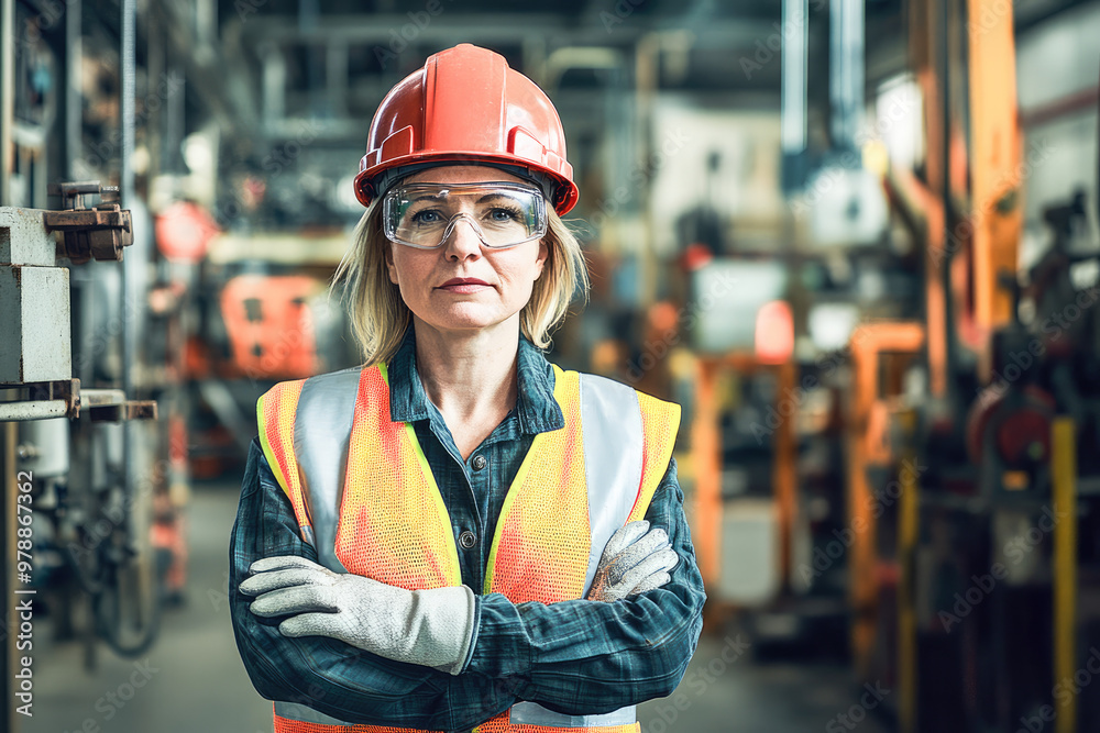 Confident woman engineer with protective equipment exudes competence and determination in manufacturing facility, breaking stereotypes in industry. Embodying diversity in trades. Confident woman engineer with protective equipment exudes competence and determination in manufacturing facility, breaking stereotypes in industry. Embodying diversity in trades.