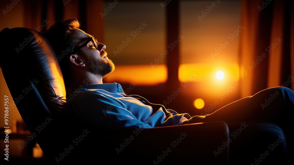 A man relaxes in a chair, enjoying a peaceful sunset at home, symbolizing tranquility and quiet moments of reflection.