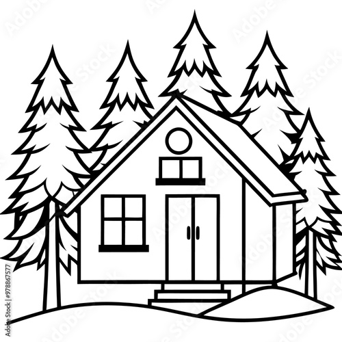 house in forest outline coloring book page line art drawing