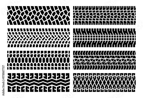Tire tracks set. Tire tread or wheel braking tracks. Car and motorcycle tread seamless patterns.