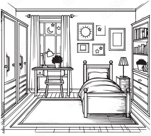 Child room with double beds. Interior sketch