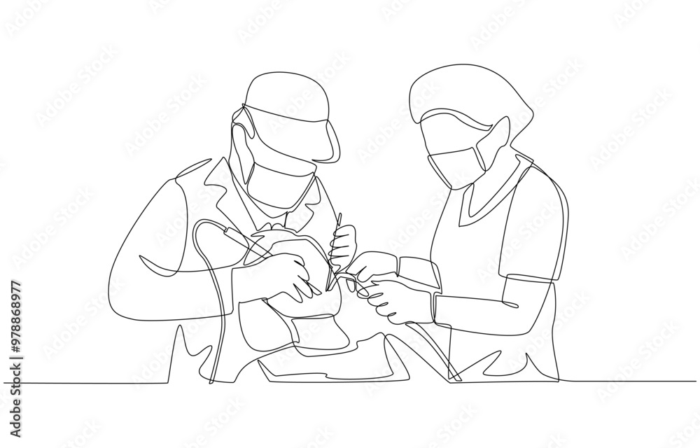 Continuous one line drawing of dentist and dental assistant scrape away tartar for patient, dental services concept, single line art. Continuous one line drawing of dentist and dental assistant scrape away tartar for patient, dental services concept, single line art.