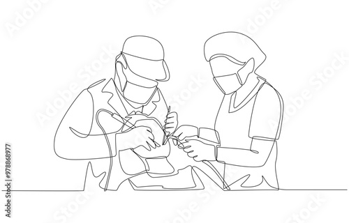 Continuous one line drawing of dentist and dental assistant scrape away tartar for patient, dental services concept, single line art.
